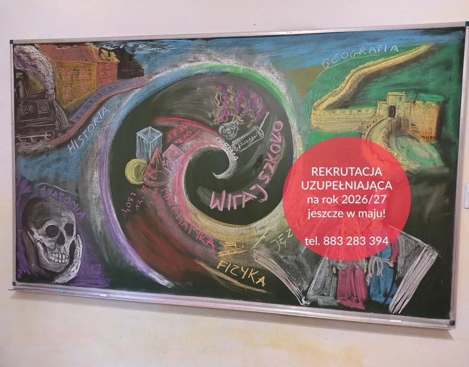 Tablica kredowa waldorfska — Witaj Szkoło z rysunkami przedmiotów